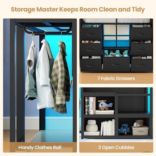 BTHFST Low Loft Bed Twin Size with Stairs,LED Lights,7 Large Drawers, Black