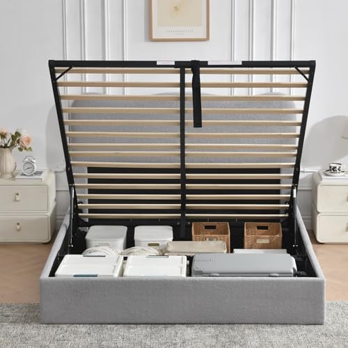 VELOCAVA Queen Size Lift-Up Storage Bed, Upholstered Boucle Bed with Curved Headboard, Rounded Corners, Sturdy Wooden Slat Support, No Box Spring Needed, Easy Assembly, Light Gray