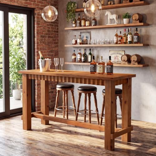 63" Solid Wood Counter Height Bar Table, Rectangular Tall High Top Pub Table with Footrest, Bar Height Dining Table for Kitchen, Dining Room, Walnut Brown