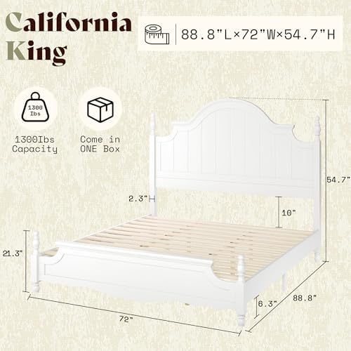 AMERLIFE California King Solid Wood Bed with Arched Headboard, White