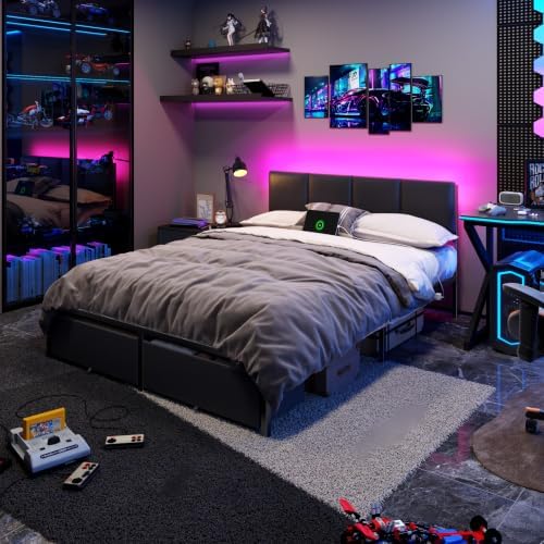 Furnulem Queen Bed Frame with PU Upholstered Headboard and Charging Station