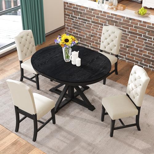 LUMISOL Round Dining Table Set for 4, Farmhouse Extendable Kitchen Table Set with 4 Upholstered Chairs for Kitchen, Dining Room, Living Room, Espresso+Dark Beige