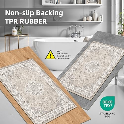 4 Pieces Kitchen Rug Set: Washable Water Resisitant Carpet for Sink Stove Area Soft Floor Mats with Non-Slip Backing for Bathroom Low-Pile Runners for Family with Elderly Dogs(2x3+2x4+2x5+2x6,Beige)