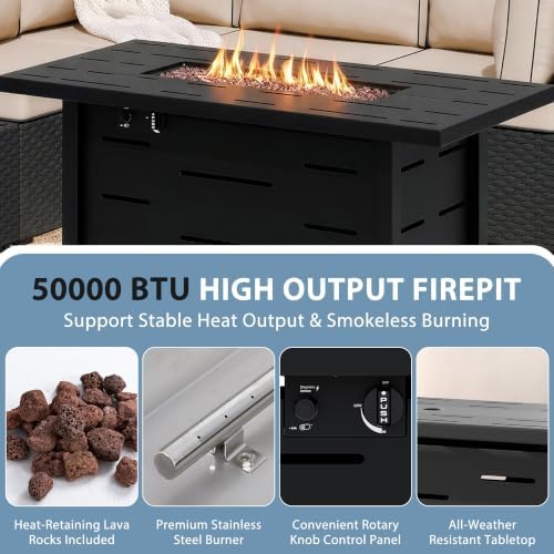 Shintenchi 8 Piece Outdoor Patio Furniture Set with 43 Inch Propane Fire Pit, Washable Cushions, Glass Coffee Table, Waterproof Cover & CSA Certified for Backyard Poolside, Black PE Rattan/Khaki