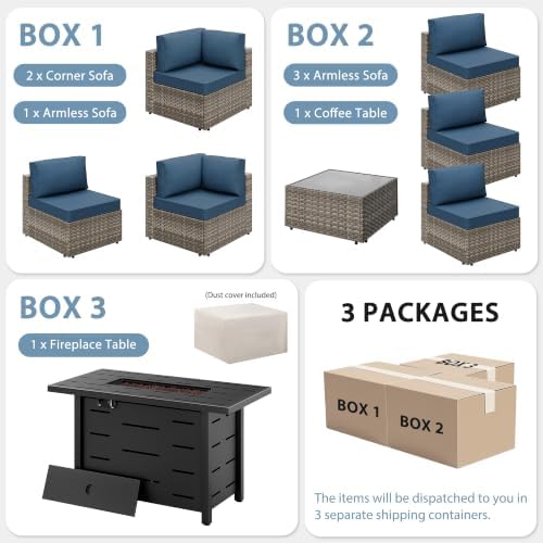 Shintenchi 8 Piece Outdoor Patio Furniture Set with 43 Inch Propane Fire Pit, Washable Cushions, Glass Coffee Table, Waterproof Cover & CSA Certified for Backyard Poolside, Natural PE Rattan/Navy Blue
