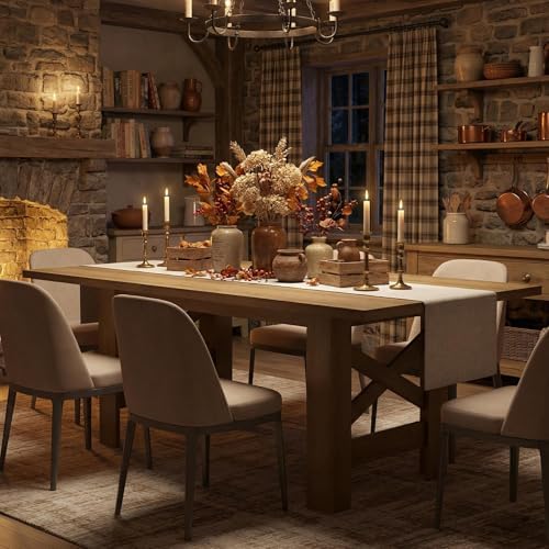 IDEALHOUSE 71" Long Dining Table for 6-8, Farmhouse Wooden Barn Kitchen Table for 6, Triangular Legs, Large Dining Room Table w/Thickened Tabletop, Sturdy Frame, for Dinner, Kitchen, Office, Natural