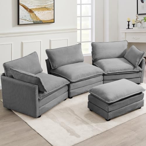 ROWHY 112'' Modular Sectional Cloud Couch with Movable Ottoman, 4 Seat Modern Corduroy Sofa, Deep Seat L Shaped Couch for Living Room Bedroom Apartment,Dark Grey