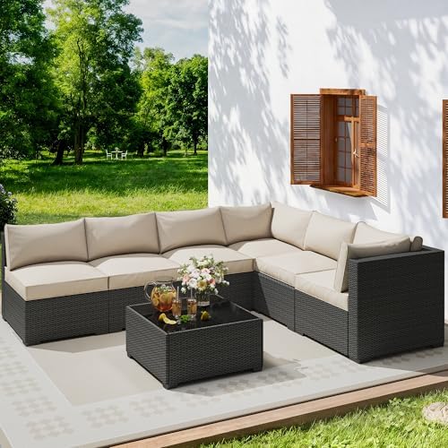 7 Piece Outdoor Patio Sectional Furniture Set, Modular Wicker Outdoor Couch