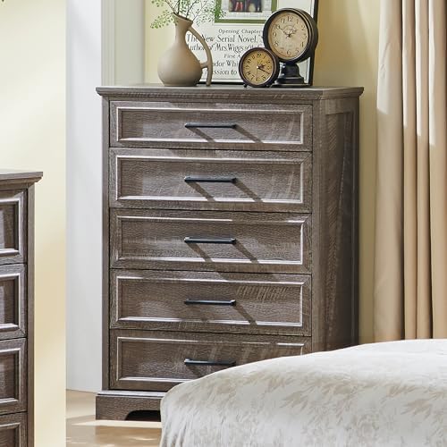 ACCOHOHO Farmhouse 5 Drawers Dresser Chests for Bedroom, Gray
