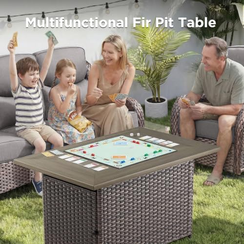 Luxury Patio Furniture Set with Fire Pit Table-6 Pieces All Weather Outdoor Swivel Rocker Chairs with Sofa and Ottomans. Outdoors Patio Conversation Sets for Porch Deck Garden Backyard(Brown/Grey)