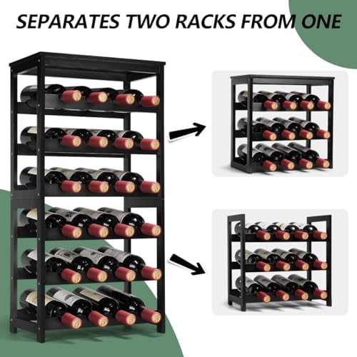 Wine Rack 24-Botttle Freestanding Floor, 6-Tier Wine Rack Shelf with Table Top, Bamboo Display Wine Storage Shelves Kitchen Bar Dining Room Living Room, Black