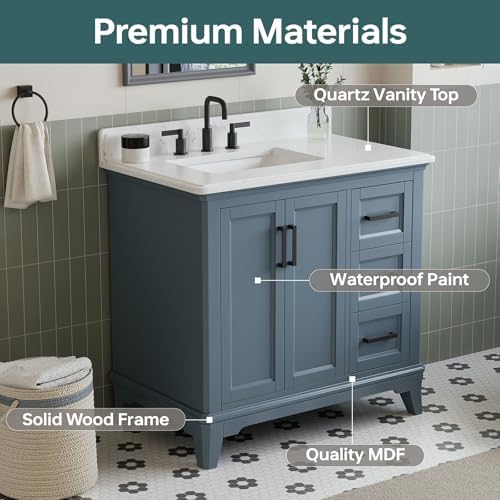 36" Bathroom Vanity with Sink, Fully Assembled, Steel Blue | Freestanding Solid Wood Bathroom Vanities with Quartz Countertop & Backsplash, Soft Close Doors & Dovetail Drawer