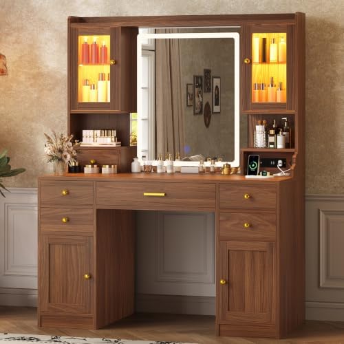 Vanity Desk with LED Mirror and Lights, Makeup Vanity with RGB Cabinets | Vanity Table with Charging Station and 6 Storage Drawers, Adjustable 3 Mode Mirror Lights, Bedroom Dressing Table for Women