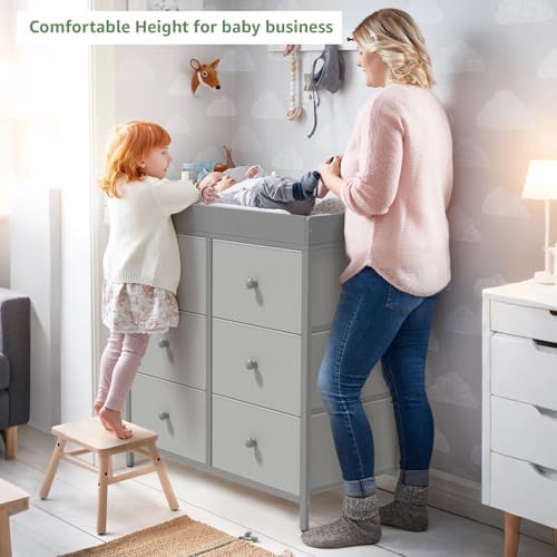 BOLUO Changing Table Dresser with 6 Fabric Drawers, Baby Dresser with Changing Table Top Diaper Changing Station with Storage for Nursery Modern Grey
