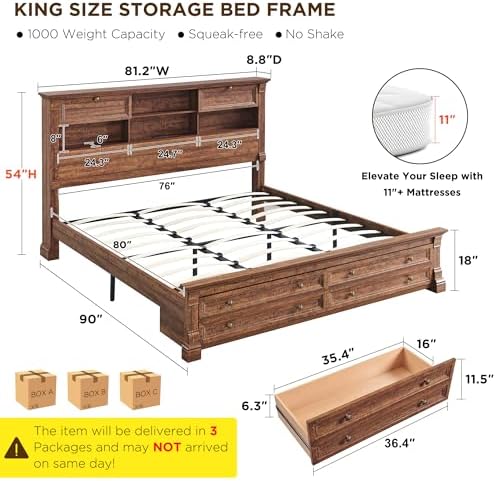 Farmhouse King Size Bed Frame with 54" Tall Headboard, Charging Station