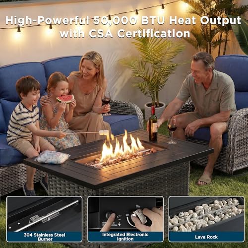 Luxury Patio Furniture Set with Fire Pit Table-10 Pieces All Weather Outdoor Swivel Rocker Chairs with Sofa and Ottomans. Outdoors Patio Conversation Sets for Porch Deck Garden Backyard(Grey/Blue)