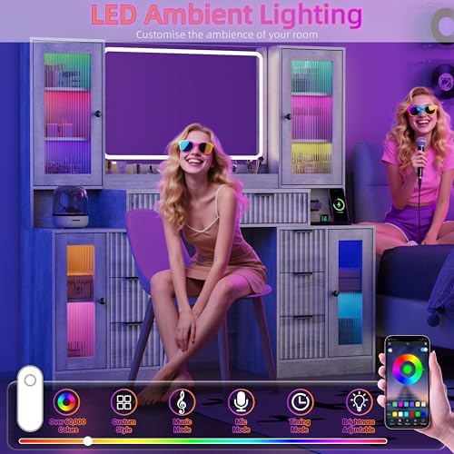 Fluted Vanity Desk with Mirror & Lights | 8 Drawers & 4 Cabinets, Tempered Glass Top, RGB Cabinet Lighting, 3-Color Dimmable Mirror, Charging Station