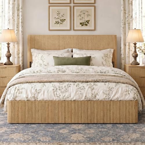 VMU Fluted Queen Size Platform Bed Frame with Lift up Storage