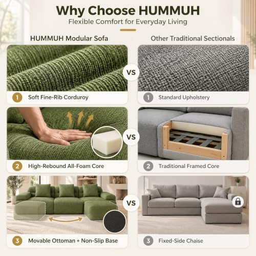 HUMMUH 120" Modular Sectional Sofa, Corduroy L Shaped Couch