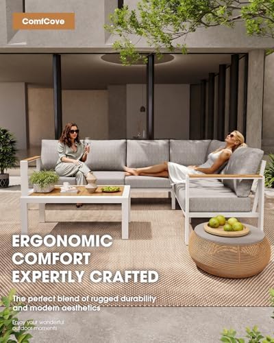 Aluminum Outdoor Patio Furniture Set, 8 Seats Patio Conversation Sets, Oversized Outdoor Sectional with Washable Thick Cushions & Coffee Table for Backyard, Garden and Poolside, White