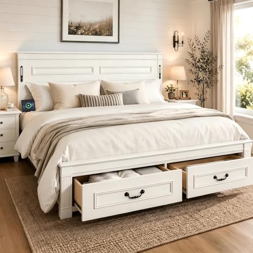 White King Size Bed Frame with 2 Storage Drawers & Tall-Panel Headboard and Footboard, Wood Platform Storage Bed Built-in LED Lights, USB Charging Station, No Box Spring Required, Noise-Free