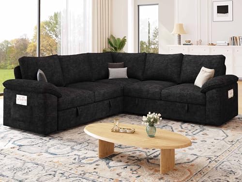 85'' Modular Sectional Sofa with Pull Out Bed, Sleeper Sofa, Black