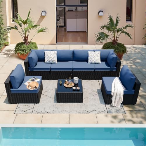SUNLEI 7pcs Patio Conversation Sets Outdoor Furniture Sets, High Back All-Weather Rattan Sectional Sofa with Tea Table&Washable Couch Cushions(Black Rattan)(Aegean Blue)