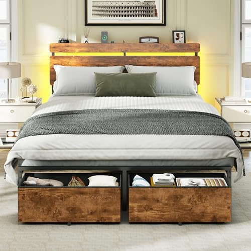 Forestell Full Size Bed Frame with Wood Headboard,2 Storage Drawers & Shelf