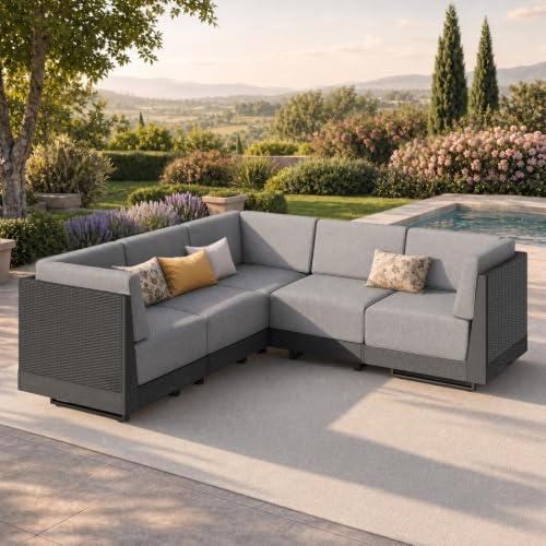 PHI VILLA 5 Piece Wicker Patio Sectional Furniture Set 8.7" Gray Cushions