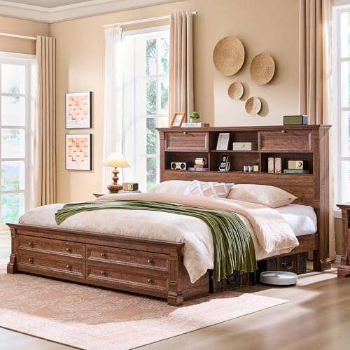 Farmhouse Queen Size Bed Frame with 54" Tall Headboard, 2 Footboard Drawers