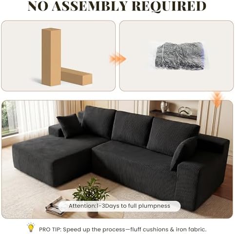 GRUSIGN Cloud Sectional Boneless Couches for Living Room, Modular L Shaped Couch with Deep Seat Oversized Left Facing Chaise, Memory Foam Compressed Spineless 3 Seater Sofa for Apartment, Black