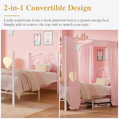 VECELO Twin Canopy Bed Frame, Vintage Scrollwork Headboard, Pure White