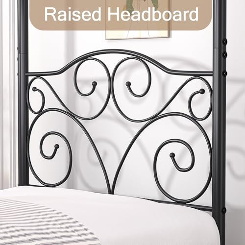 VECELO Metal Canopy Bed Frame Twin Size, 4 Posters Platform Mattress Foundation with Headboard, Heavy Duty Steel Slats Support, No Box Spring Needed, Black