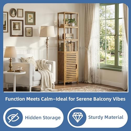 HITNET Bathroom Cabinet, Bamboo Floor Cabinet Freestanding Narrow Storage Unit with Removable Shelves, 6 Tier Tall Cabinet, Walnut