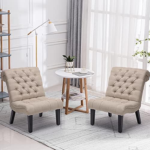 Armless Modern Accent Chairs Set of 2 for Bedroom, Khaki Fabric