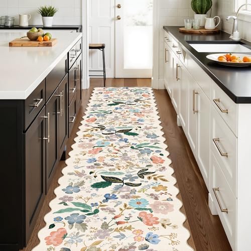 Washable Hallway 2'6x12 Runner Rug: Floral Scalloped Rug for Kitchen Entryway Farmhouse Soft Carpet for Bathroom Bedroom Thin Laudry Living Room Floor Mat with Non Slip Backing(2'6''x12',Cream)