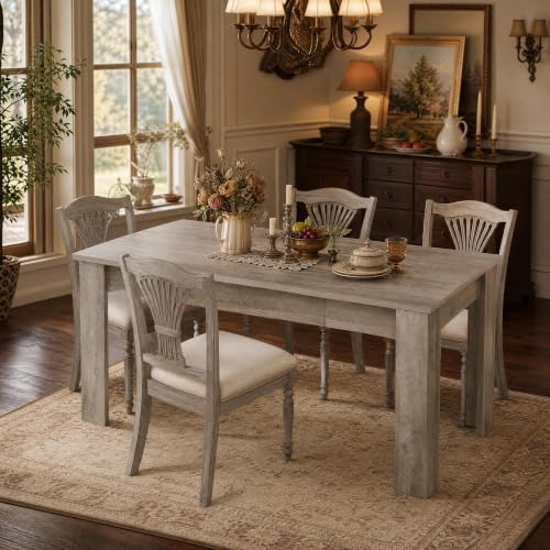 Garvee Wood Farmhouse Dining Table for 4-6, Heavy Duty Large Kitchen Table, 63 Inches Long Rectangular Dining Room Tables with Strong Legs, Thickness Tabletop, for Big Family, Dinette, Rustic Gray
