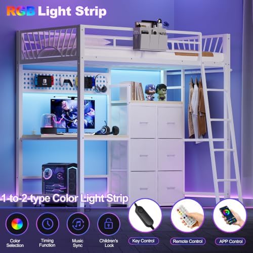 Decofy Twin Loft Bed with Desk and 6 Storage Drawers, Metal Twin Size Loft Beds with Charging Station & LED Lights, Bed Frame with Hanging Rod, Safety Ladder & Guardrail, Bedside Caddy for Kids, Teens