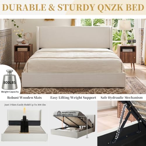 Queen Lift Up Storage Bed, Corduroy Platform Bed with Headboard, Cream