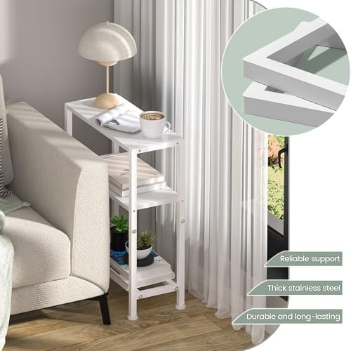 Narrow Side Table for Small Space, 2-Tier Small End Table with Shelf Holder, Slim Nightstand, Skinny Snack Couch Table in Living Room, Bedroom, Study, Kitchen and Balcony (White)