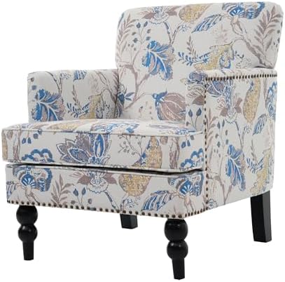 Christopher Knight Home Eve Modern Upholstered Club Chair, Wooden Living Room Accent Chair, Bedroom Comfy Reading Chair, Multifunctional Armchair, Beige+Blue