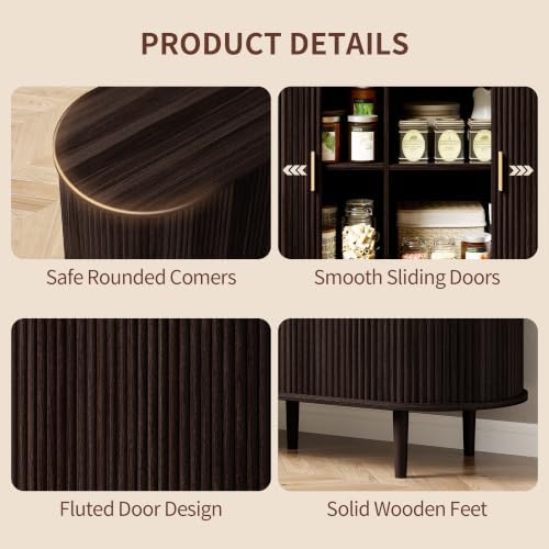 47.2" Sideboard Buffet Cabinet with Sliding Door,Fluted Cabinet with Storage & 2 Adjustable Shelfs,Mid Century Modern Coffee Bar Console Table for Kitchen, Living Room, Entryway，Dark Walnut
