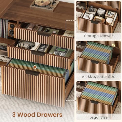 SEDETA 57" L Shaped Standing Desk with Storage, Electric Height Adjustable Curved Executive Desk, Fluted Desk with Drawers & Power Strip for Home Office, Brown