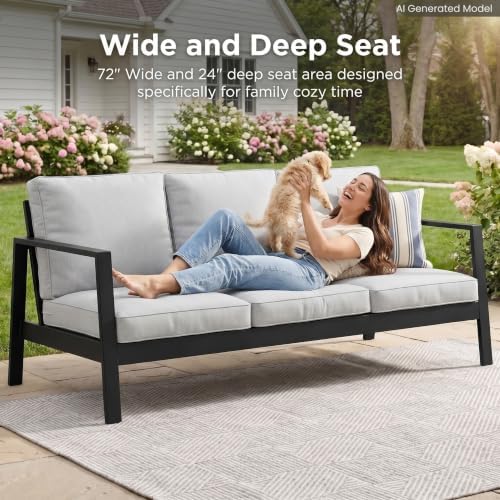 Wisteria Lane Aluminum Outdoor Patio Sofa, High Backrest Metal 3-Seat Outdoor Couch with 5 inch Thick Cushions, Patio Furniture for Deck Porch Garden Poolside, Grey