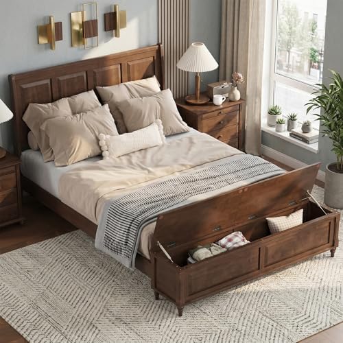 Queen Bed Frame with 53" Tall Headboard and Storage Bench, Solid Wood Queen Size Platform Bed with 64" Footboard Storage Chest,Heavy Duty Slats System,No Box Spring Needed, Wanlut