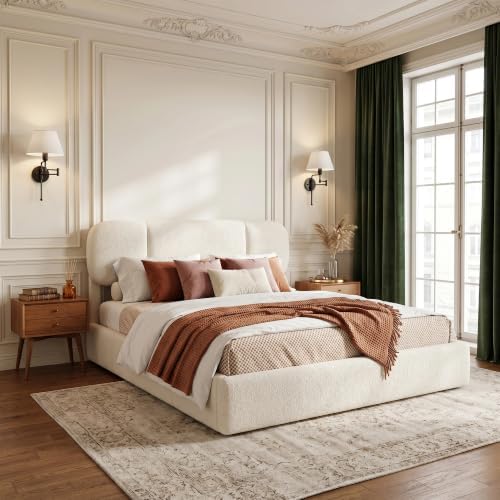 Queen Size Bed Frame with Storage, Boucle Cloud Bed with 4 Locking Drawers & LED Lights, Modern Upholstered Platform Bed, Plush Sides & Footboard, Adjustable Headboard, No Box Spring, Cream