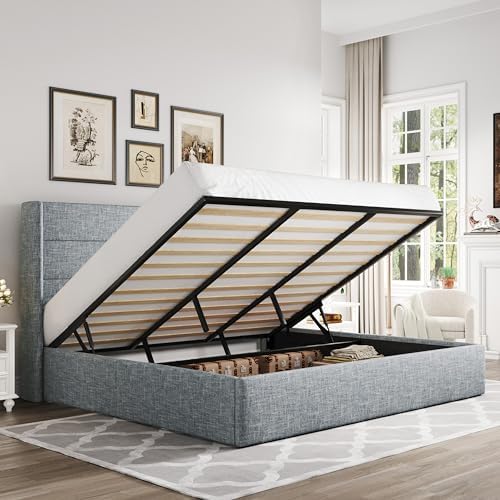 Allewie King Size Lift Up Hydraulic Storage Bed Frame Blue Grey