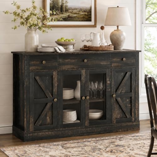4 EVER WINNER 55" Large Coffee Bar Cabinet with 4 Doors and 3 Drawers, Buffet Cabinet with Plexiglass Doors, Kitchen Cabinet with Adjustable Shelves for Dining Room, Rustic Oak
