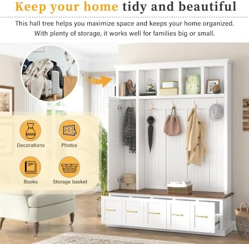 RuiSiSi Hall Tree with Bench and Shoe Storage, 5-in-1 Entryway Coat Rack with Drawer and Storage Cabinet, Ancient White