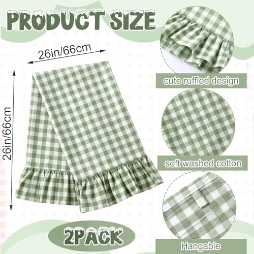 HunnmingRe 2 Pcs Green Gingham Kitchen Towels Cotton Ruffled